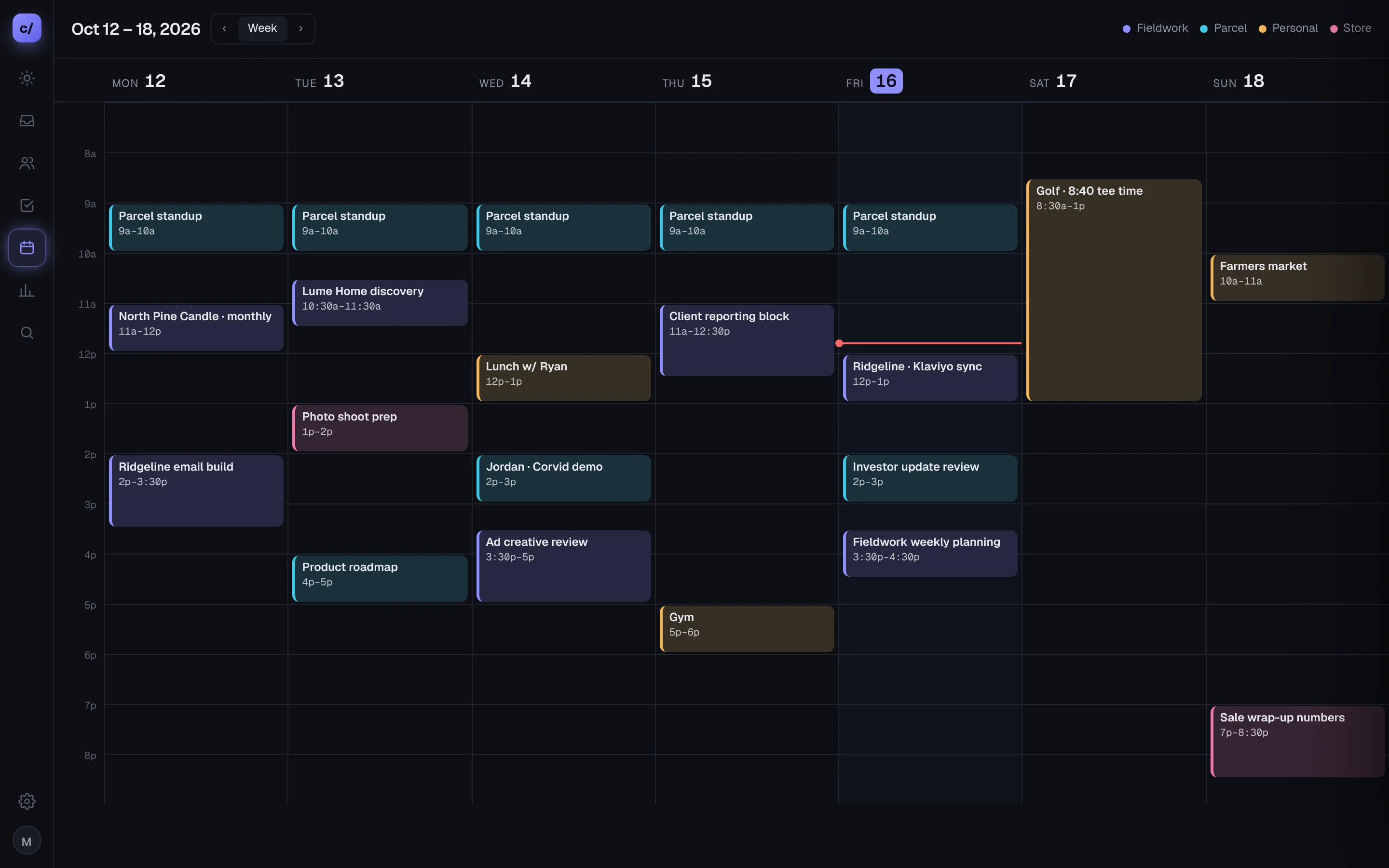 Comms Calendar view with sample data