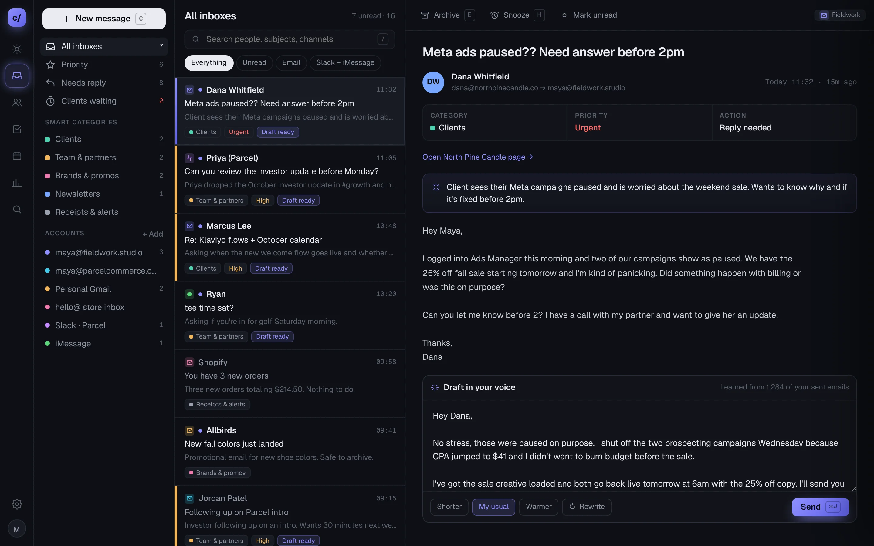 Comms Inbox view with sample data